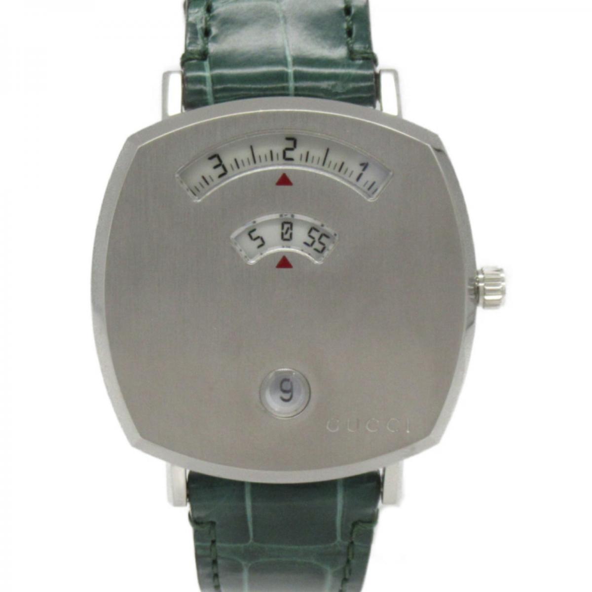 Gucci Grip Quartz Silver Dial Green Leather Strap Watch For Women - YA157404