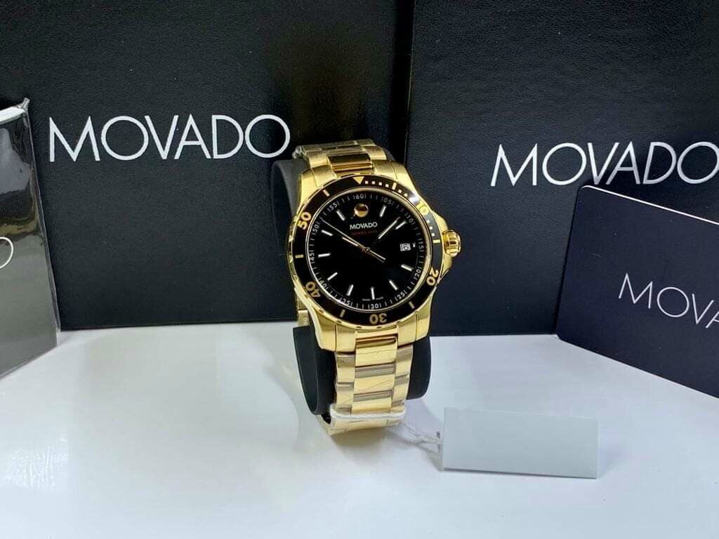 Movado Series 800 Black Dial Gold Steel Strap Watch For Men - 2600145