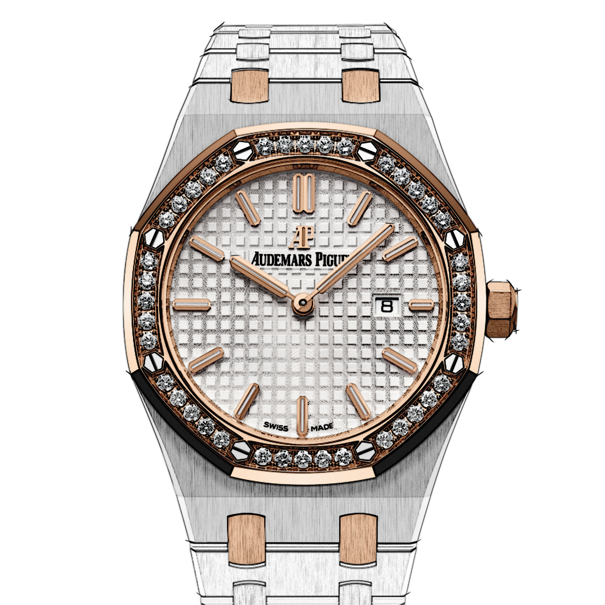 Audemars Piguet Royal Oak Quartz Diamonds White Dial Two Tone Steel Strap Watch for Women - 67651SR.ZZ.1261SR.01