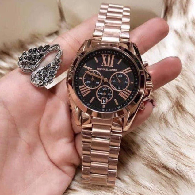 Michael Kors Bradshaw Chronograph Black Dial Rose Gold Steel Strap Watch for Women - MK5854