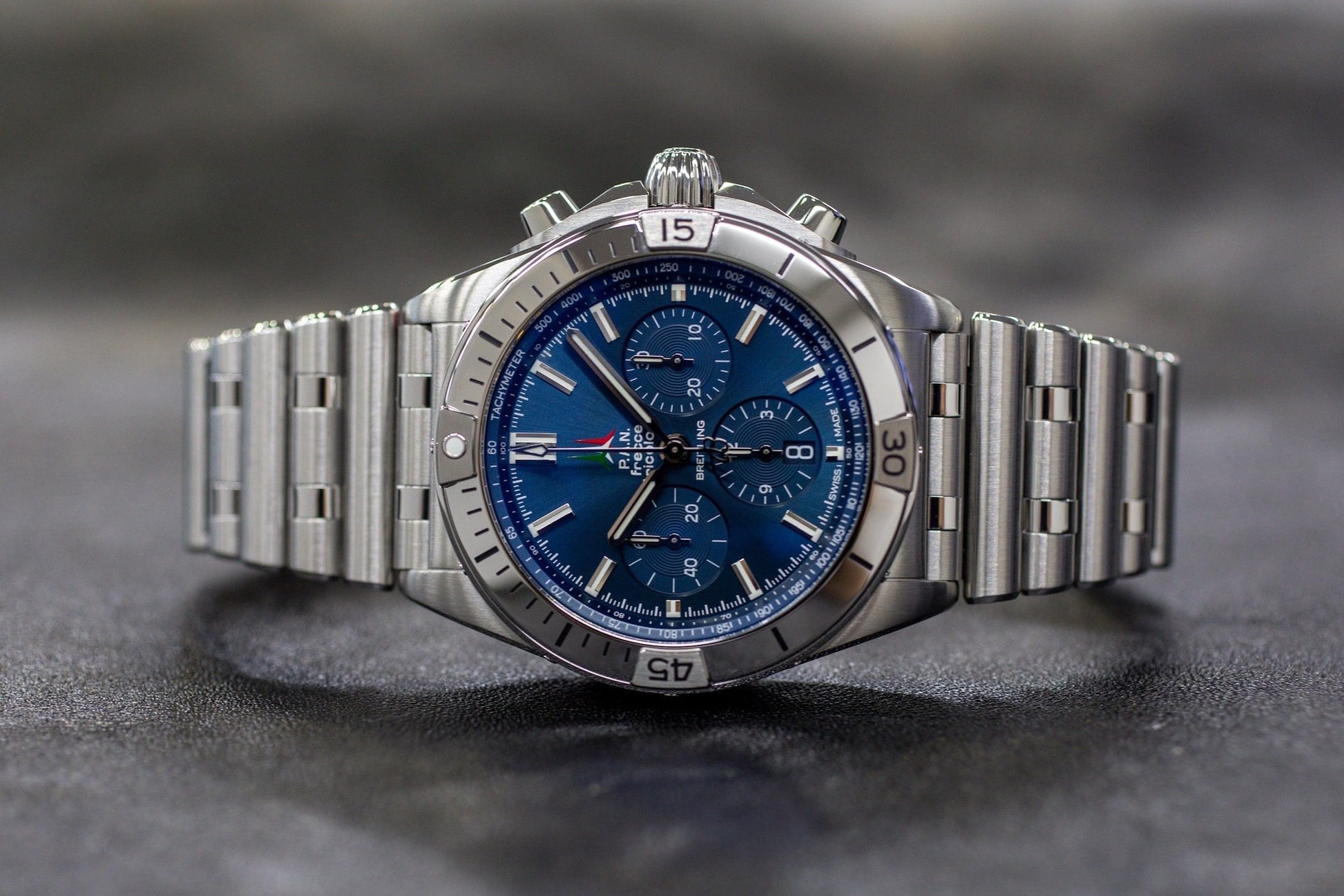 Breitling Chronomat B01 42 Frecce Tricolori Blue Dial Silver Steel Strap Watch for Men - AB01344A1C1A1