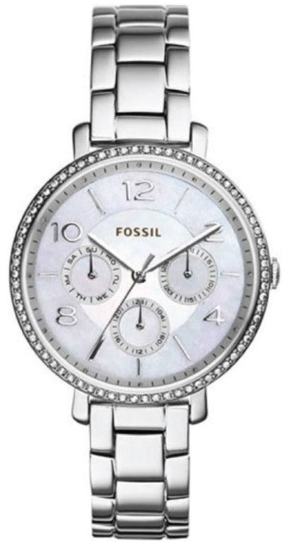 Fossil Jacqueline Multi-Function Mother of Pearl Dial Silver Steel Strap Watch for Women - ES3755