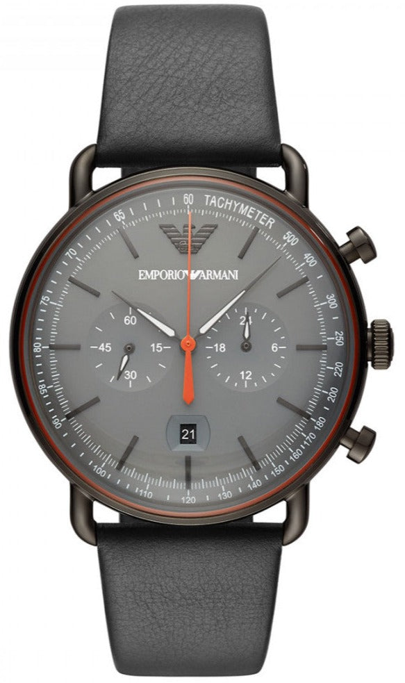 Emporio Armani Aviator Grey Dial Grey Leather Strap Watch For Men - AR11168