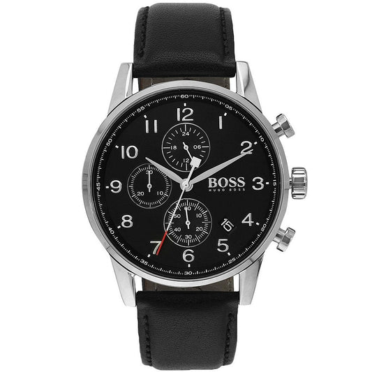 Hugo Boss Navigator Black Dial Black Leather Strap Watch for Men - 1513678