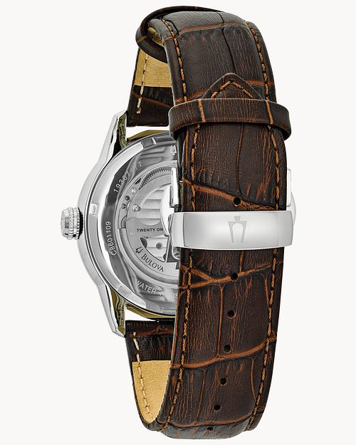 Bulova Classic Skeleton Automatic Brown Dial Brown Leather Strap Watch for Men - 96A120