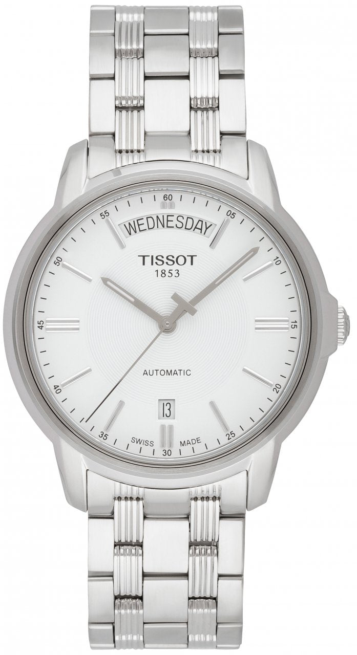 Tissot T Classic Automatic III Day Date White Dial Silver Steel Strap Watch for Men - T065.930.11.031.00