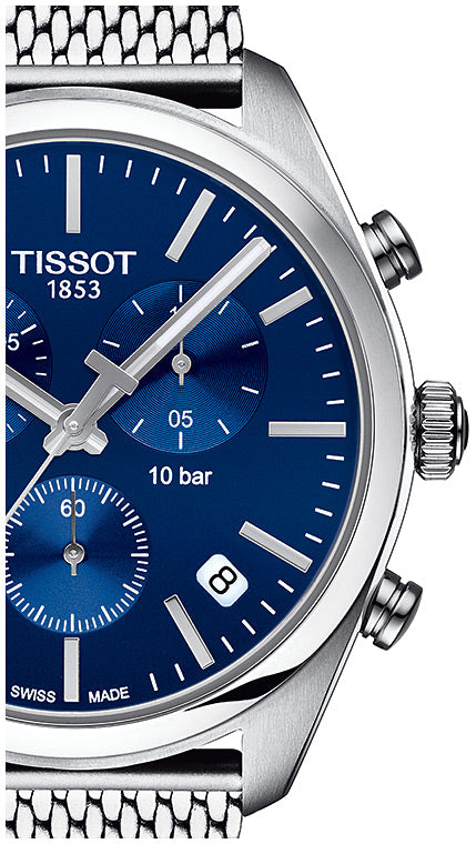 Tissot PR 100 Chronograph Blue Dial Silver Mesh Bracelet Watch for Men - T101.417.11.041.00