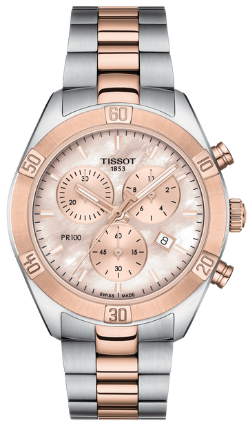 Tissot PR 100 Sport Chic Chronograph Mother of Pearl Dial Two Tone Steel Strap Watch for Women - T101.917.22.151.00