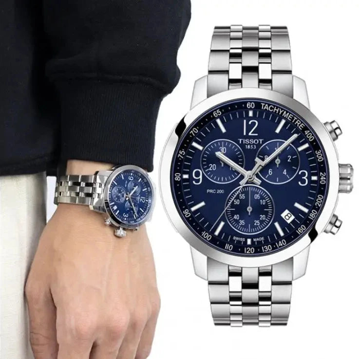 Tissot PRC 200 Chronograph Blue Dial Silver Steel Strap Watch For Men - T114.417.11.047.00