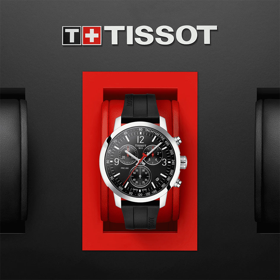 Tissot PRC 200 Chronograph Black Dial Black Rubber Strap Watch for Men - T114.417.17.057.00