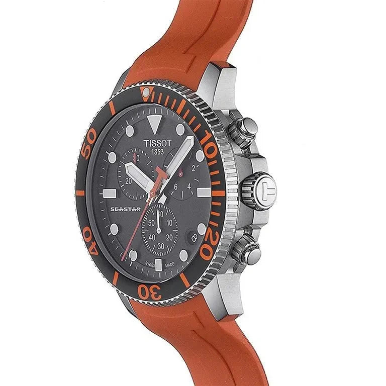 Tissot Seaster 1000 Chronograph Black Dial Orange Rubber Strap Watch For Men - T120.417.17.051.01