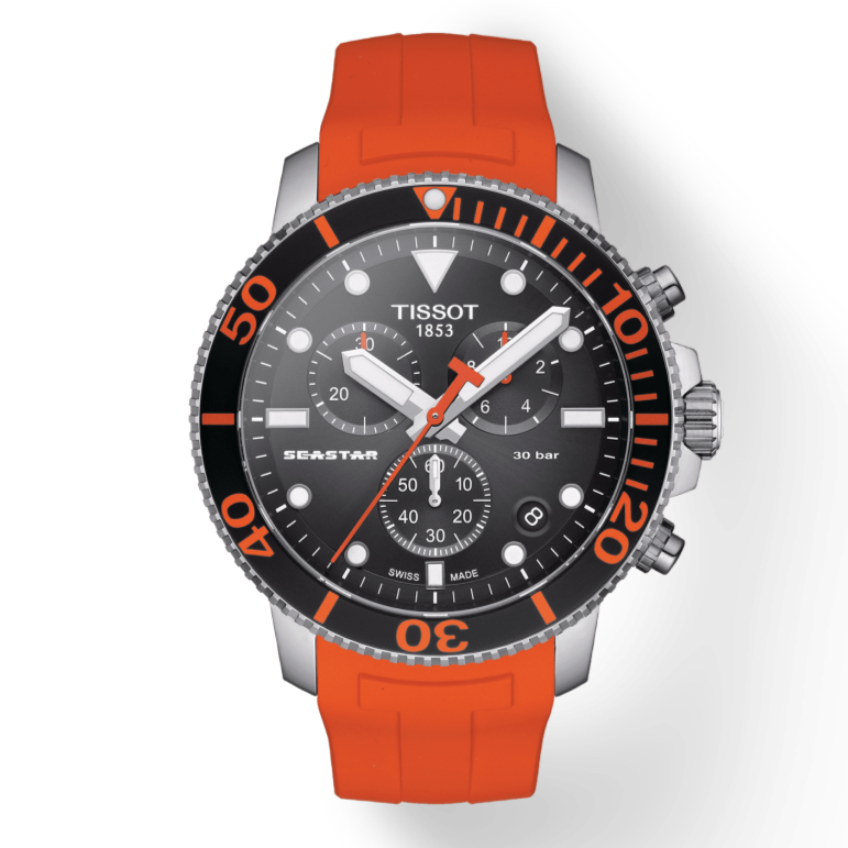 Tissot Seaster 1000 Chronograph Black Dial Orange Rubber Strap Watch For Men - T120.417.17.051.01