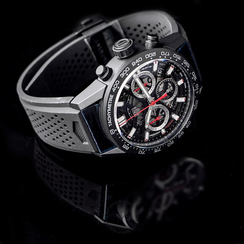 Tag Heuer Carrera Chronograph Steel & Ceramic Black Dial Black Rubber Strap Watch for Men - CBG2090.FT6145