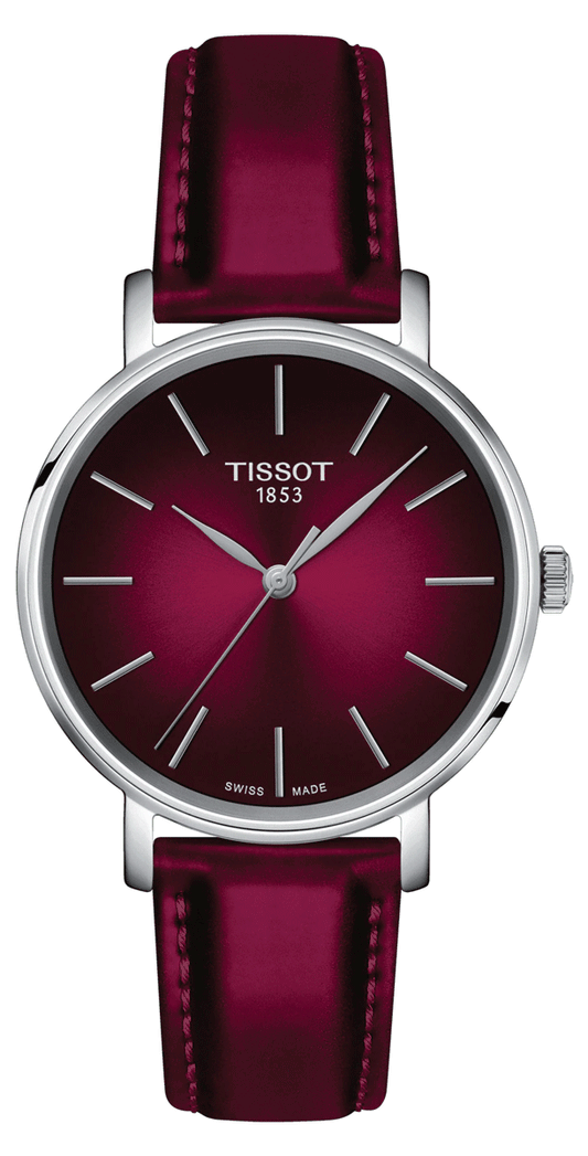 Tissot Everytime Lady Dark Burgundy Dial Leather Strap Watch for Women - T143.210.17.331.00