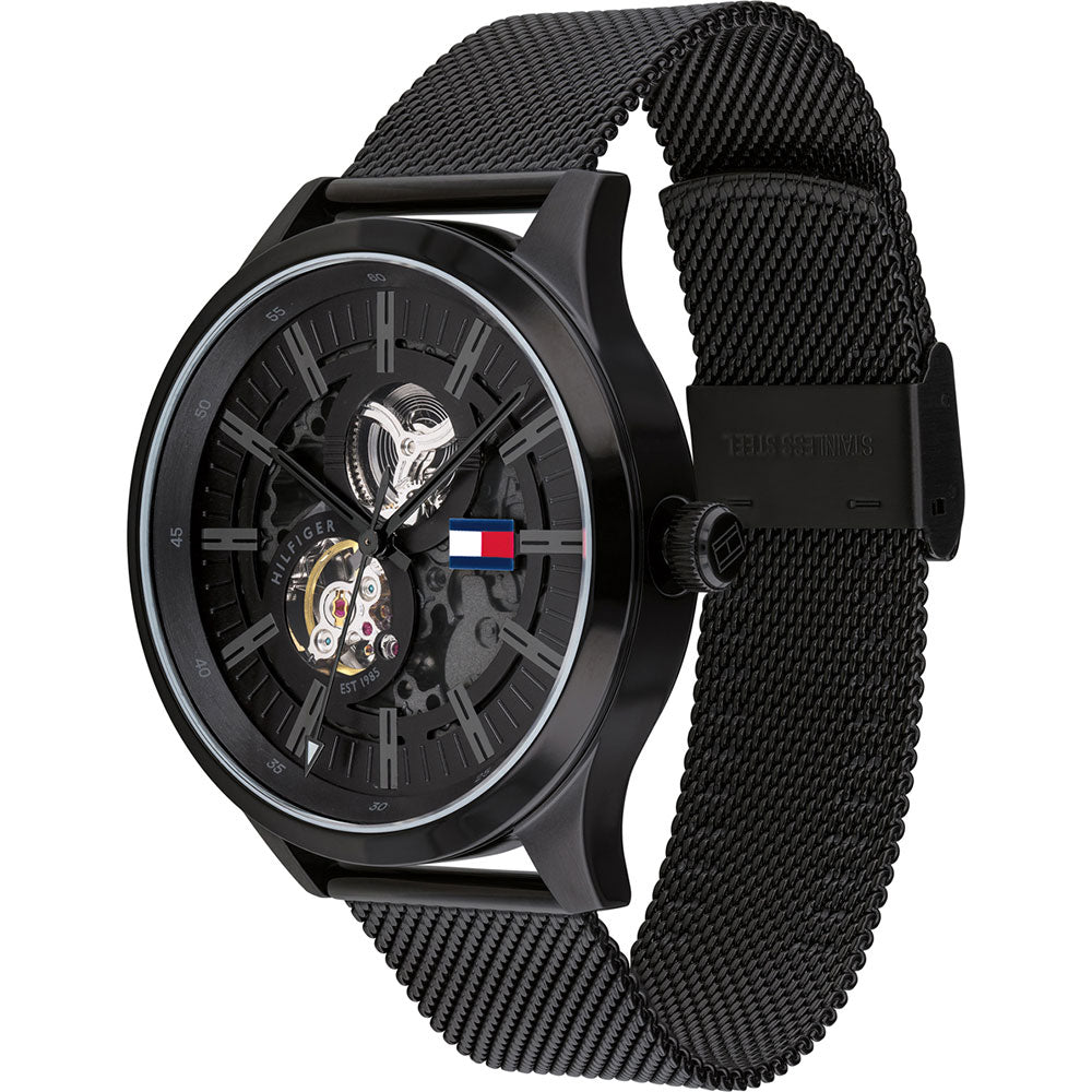 Tommy Hilfiger Spencer Skeleton Black Dial Black Mesh Bracelet Watch for Men - 1791644