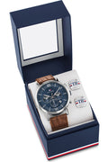 Tommy Hilfiger Evan Chronograph Blue Dial Brown Leather Strap Watch for Men - 1710393