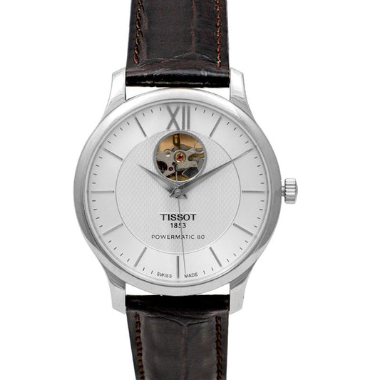 Tissot T Classic Tradition Powermatic 80 Open Heart Silver Dial Brown Leather Strap Watch for Men - T063.907.16.038.00