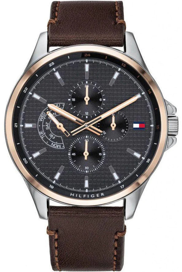 Tommy Hilfiger Shawn Multi Function Quartz Grey Dial Brown Leather Strap Watch for Men - 1791615