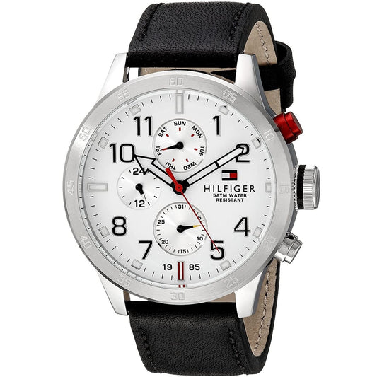 Tommy Hilfiger Trent Multifunction White Dial Black Leather Strap Watch for Men - 1791138