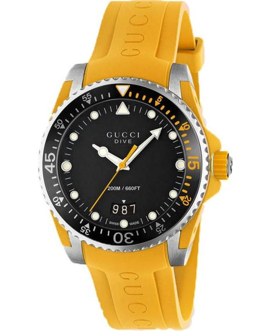 Gucci Dive Quartz Black Dial Yellow Rubber Strap Watch For Men - YA136319