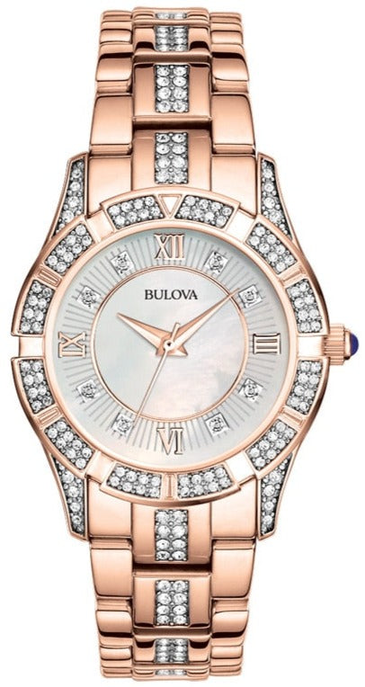 Bulova Crystal Mother of Pearl Dial Rose Gold Steel Strap Watch for Women - 98L197