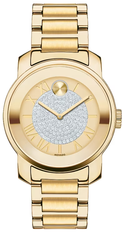 Movado Bold Gold Pave Dial Gold Steel Strap Watch For Women - 3600255