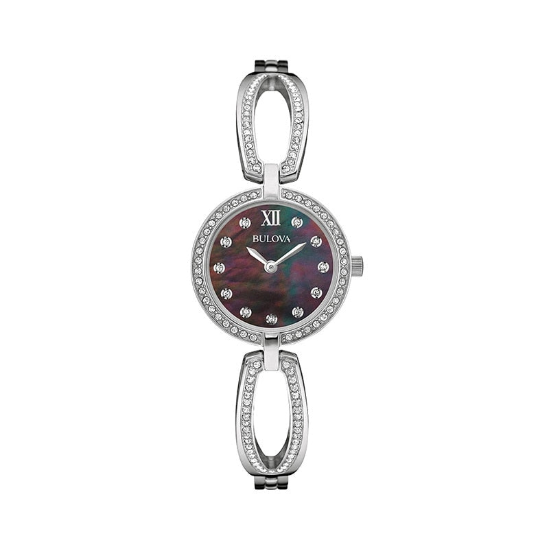 Bulova Crystal Black Mother of Pearl Dial Silver Steel Strap Watch for Women - 96L224