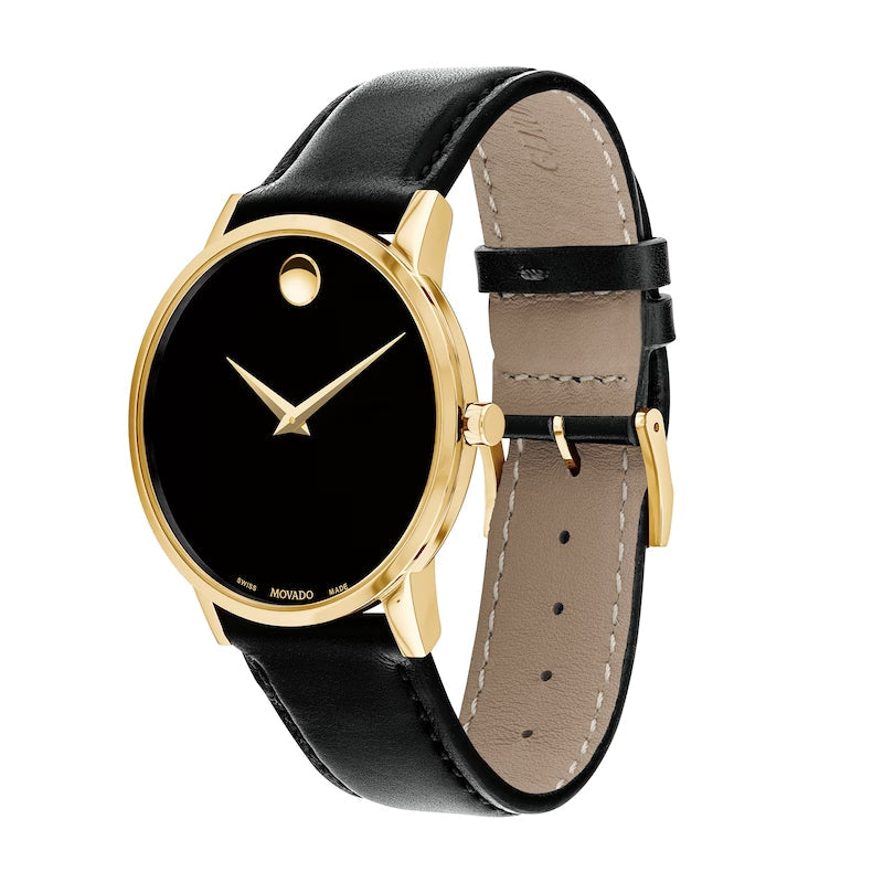 Movado Museum Black Dial Black Leather Strap Watch For Men - 606876