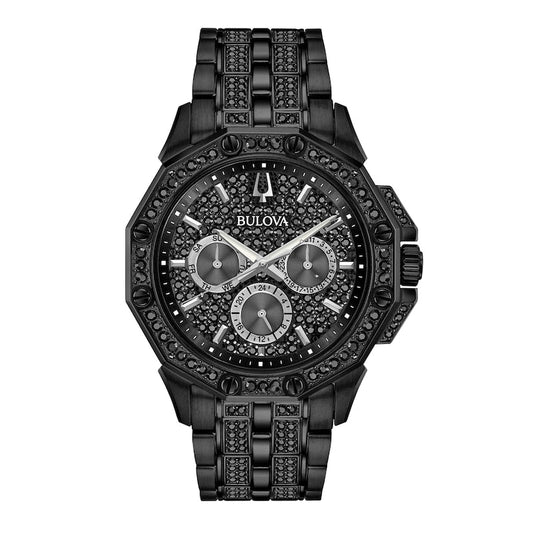 Bulova Octova Chronograph Crystal Black Dial Black Steel Strap Watch for Men - 98C134