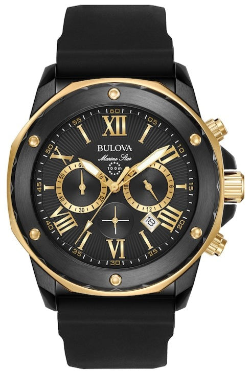 Bulova Marine Star Chronograph Black Dial Black Rubber Strap Watch for Men - 98B278