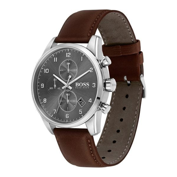 Hugo Boss Skymaster Grey Dial Brown Leather Strap Watch for Men - 1513787