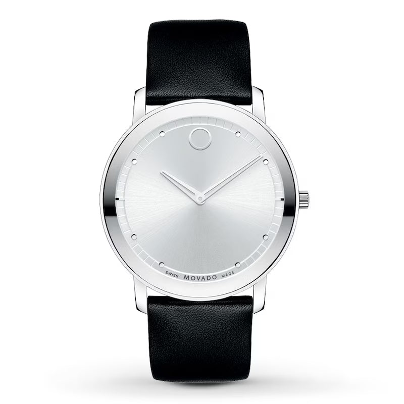 Movado Sapphire Silver Dial Black Leather Strap Watch for Men - 606694