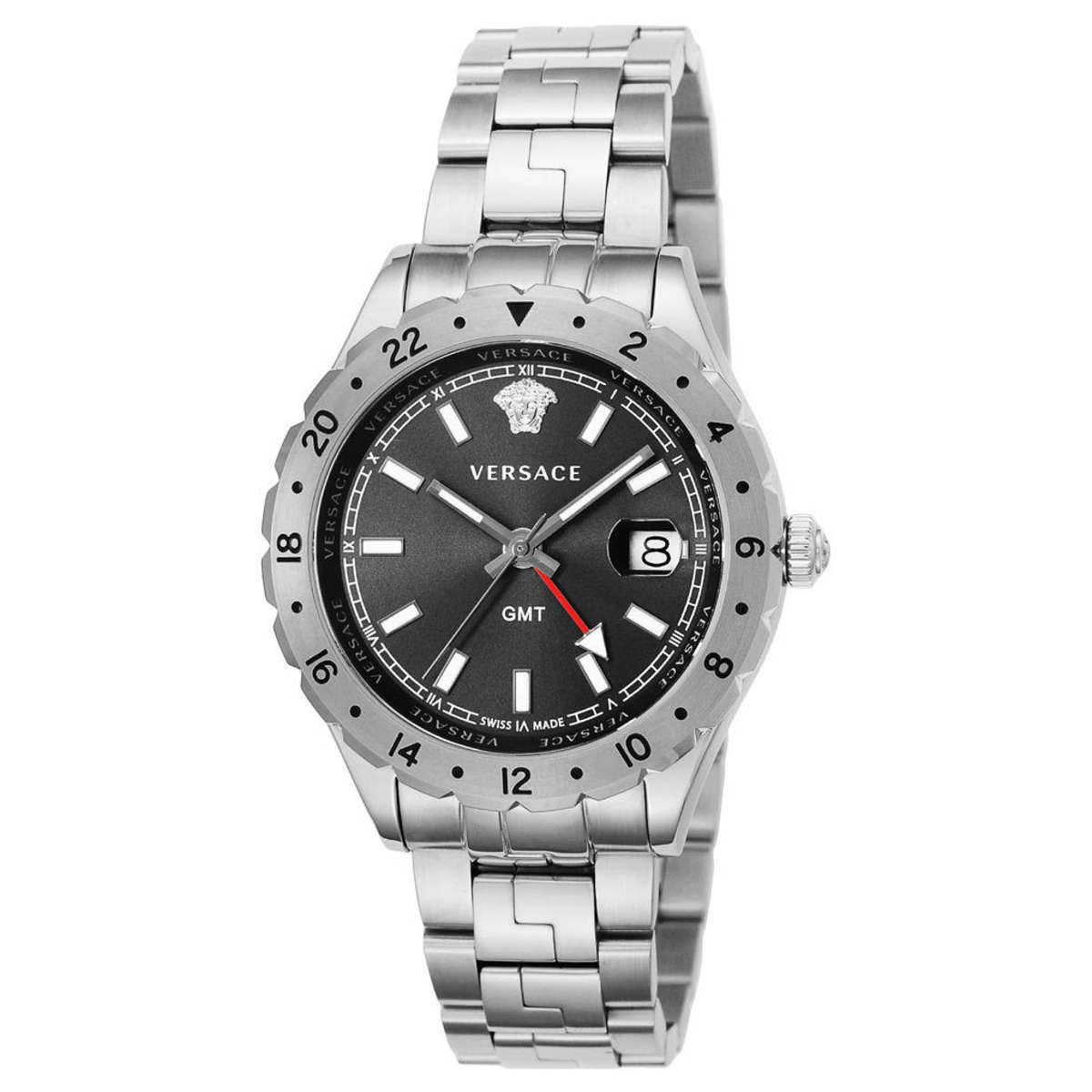 Versace Hellenyium GMT Black Dial Silver Steel Strap Watch for Men - V11020015