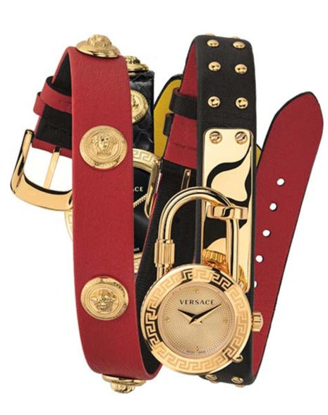 Versace Medusa Lock Icon Gold Dial Red Leather Strap Watch for Women - VEDW00119