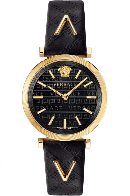 Versace V-Twist Black Dial Black Leather Strap Watch for Women - VELS00619