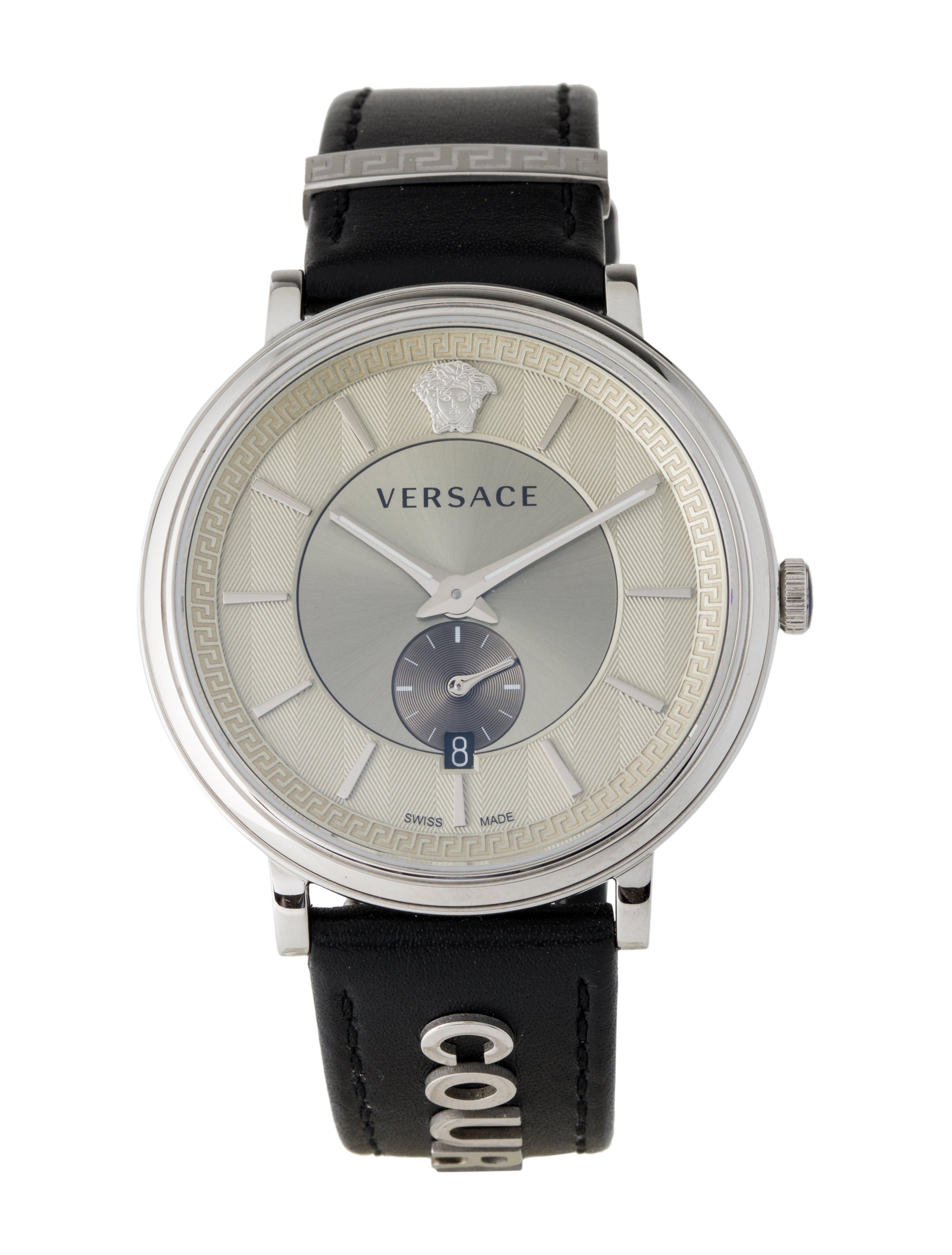 Versace V-Circle Black Manifesto Courage Quartz Silver Dial Black Leather Strap Watch for Men - VBQ080017