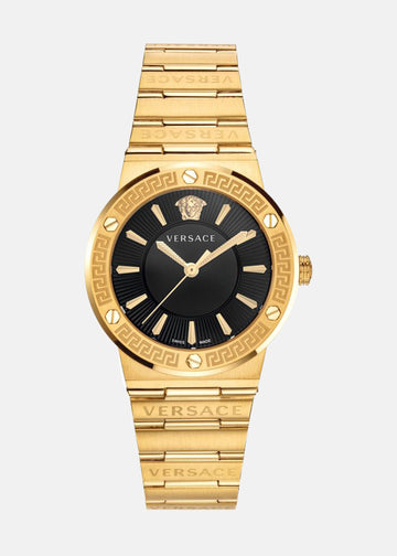 Versace Greca Black Dial Gold Steel Strap Watch for Women - VEVH00820