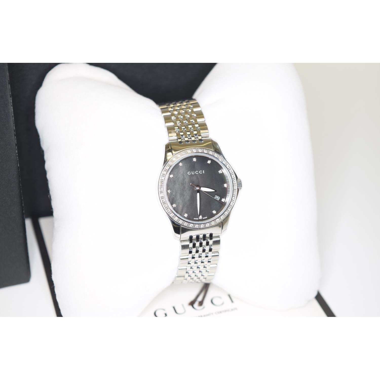 Gucci G Timeless Diamonds Mother of Pearl Black Dial Silver Mesh Bracelet Watch For Women - YA126507