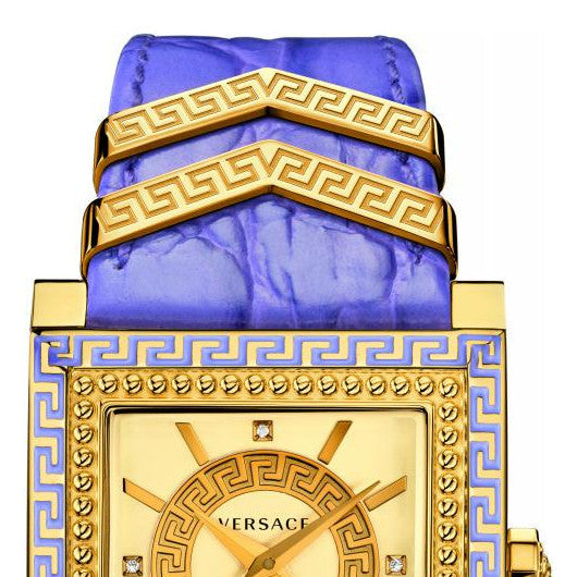 Versace Day Glam Chronograph Gold Dial Purple Leather Strap Watch for Women - VQF040015