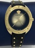 Versace Shadov Quartz Gold Dial Black Leather Strap Watch for Women - VEBM01118