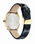 Versace Shadov Quartz Gold Dial Black Leather Strap Watch for Women - VEBM00318