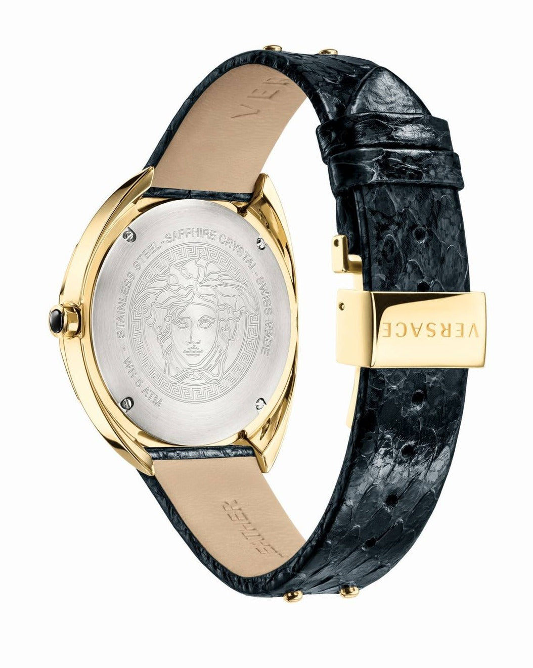 Versace Shadov Quartz Gold Dial Black Leather Strap Watch for Women - VEBM00318