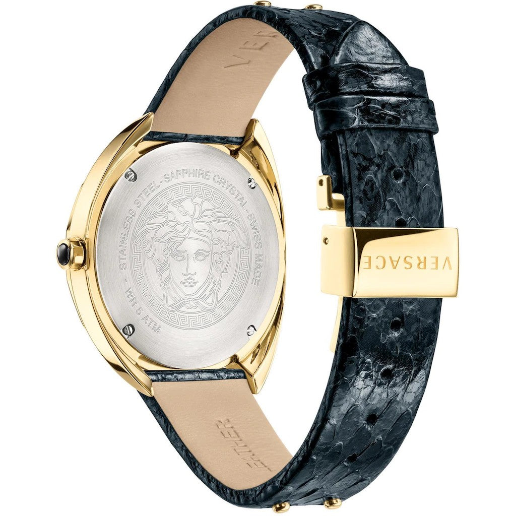 Versace Shadov Quartz Gold Dial Black Leather Strap Watch for Women - VEBM01118