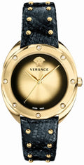 Versace Shadov Quartz Gold Dial Black Leather Strap Watch for Women - VEBM01118