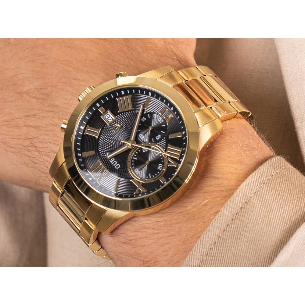 Guess Atlas Chronograph Black Dial Gold Steel Strap Watch for Men - W0668G8