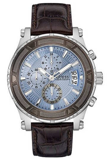 Guess Pinnacle Chronograph Quartz Blue Dial Brown Leather Strap Watch For Men - W0673G1