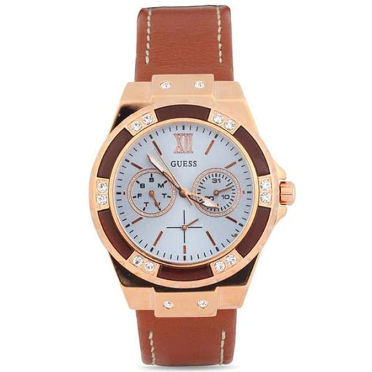 Guess Limelight Quartz White Dial Brown Leather Strap Watch For Women - W0775L7