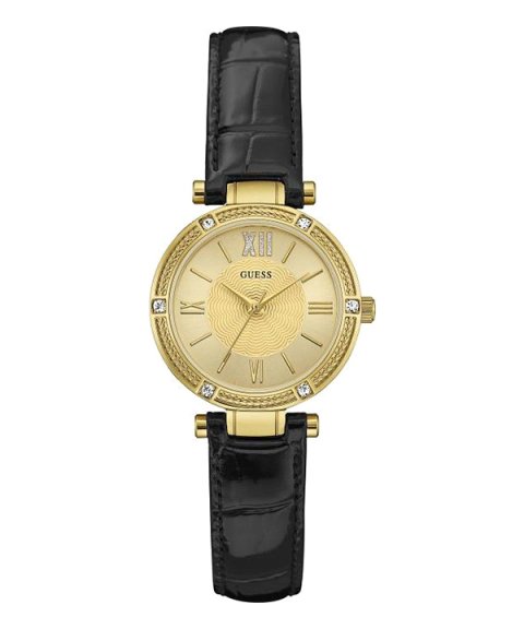 Guess Park Avenue Quartz Gold Dial Black Leather Strap Watch For Women - W0838L1