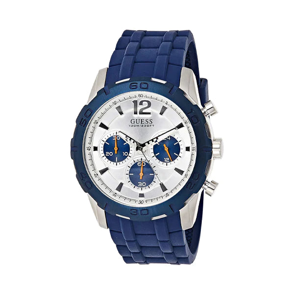 Guess Caliber Chronograph White Dial Blue Rubber Strap Watch for Men - W0864G6