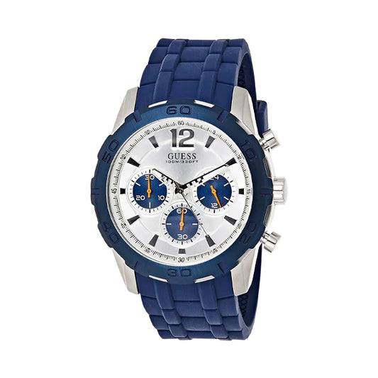 Guess Caliber Chronograph White Dial Blue Rubber Strap Watch for Men - W0864G6